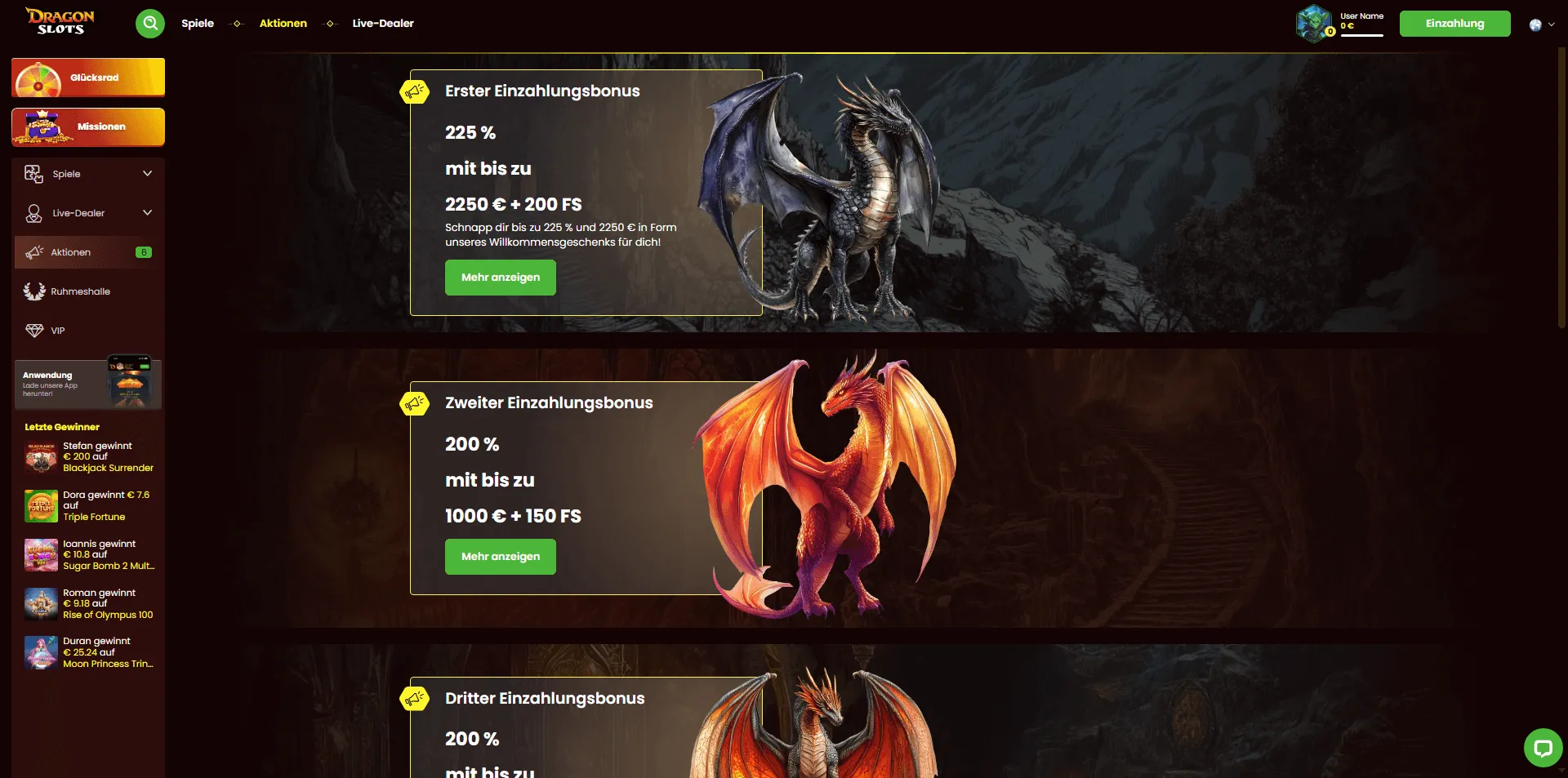 1 und 2 Einzahlungsbonus-Banner bei DragonSlots Casino