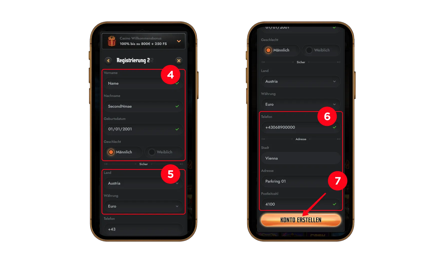 Mobile Ansicht des Formulars zur Eingabe persönlicher Daten für die Kontoerstellung im Online Casino