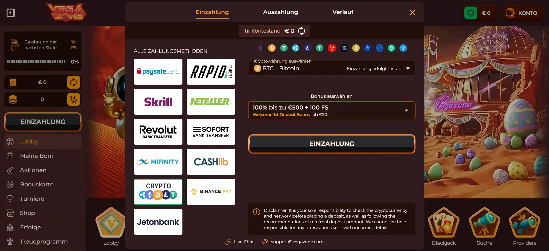 Vegazone Casino Bitcoin Einzahlung