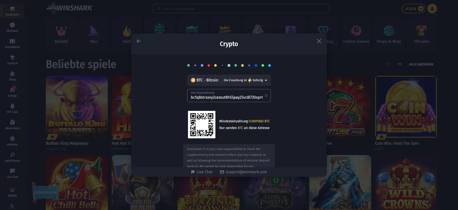 WinShark Casino Bitcoin Zahlung