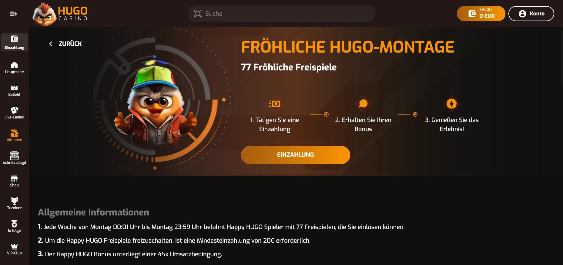 Hugo Casino Aktion mit 77 Freispiele am Montag