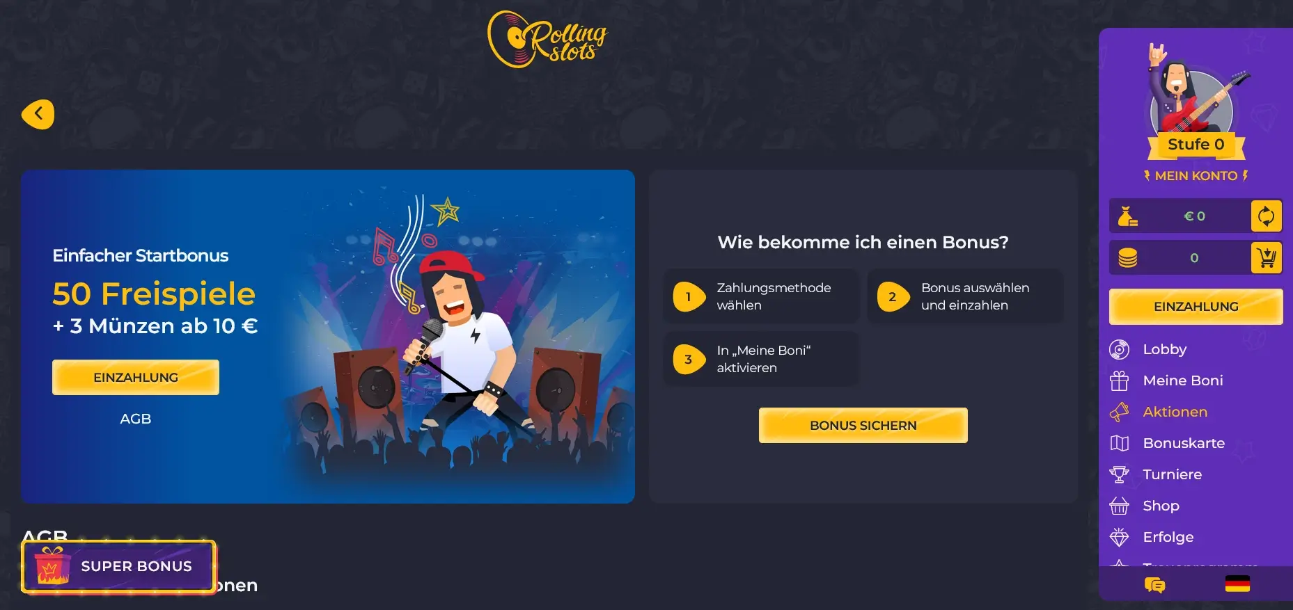 Rolling Slots Startbonus mit 50 Freispiele und Münzen