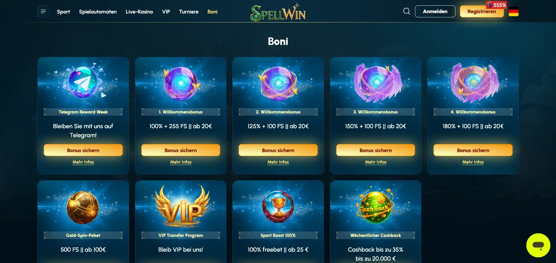SpellWin Bonusübersicht mit 200%-Casino-Bonus