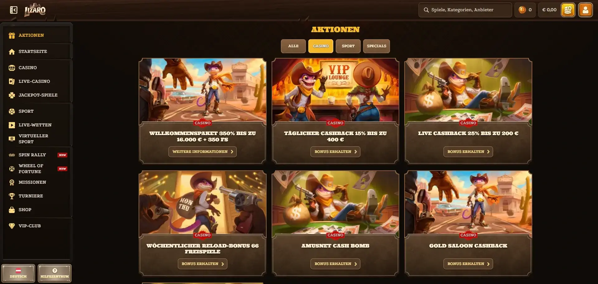 Aktionen im Lizaro Casino