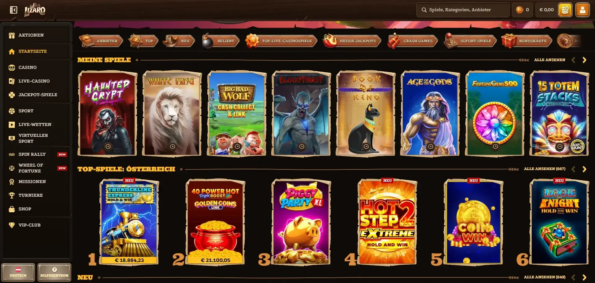 Spieleauswahl im Lizaro Casino