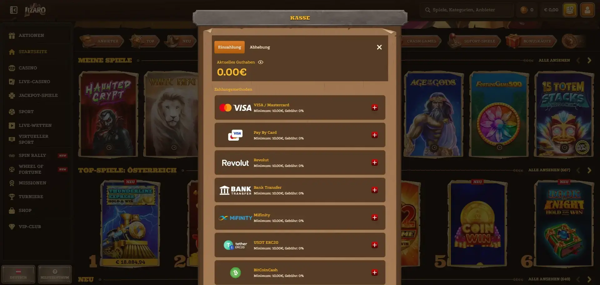 Einzahlung bei Lizaro Casino