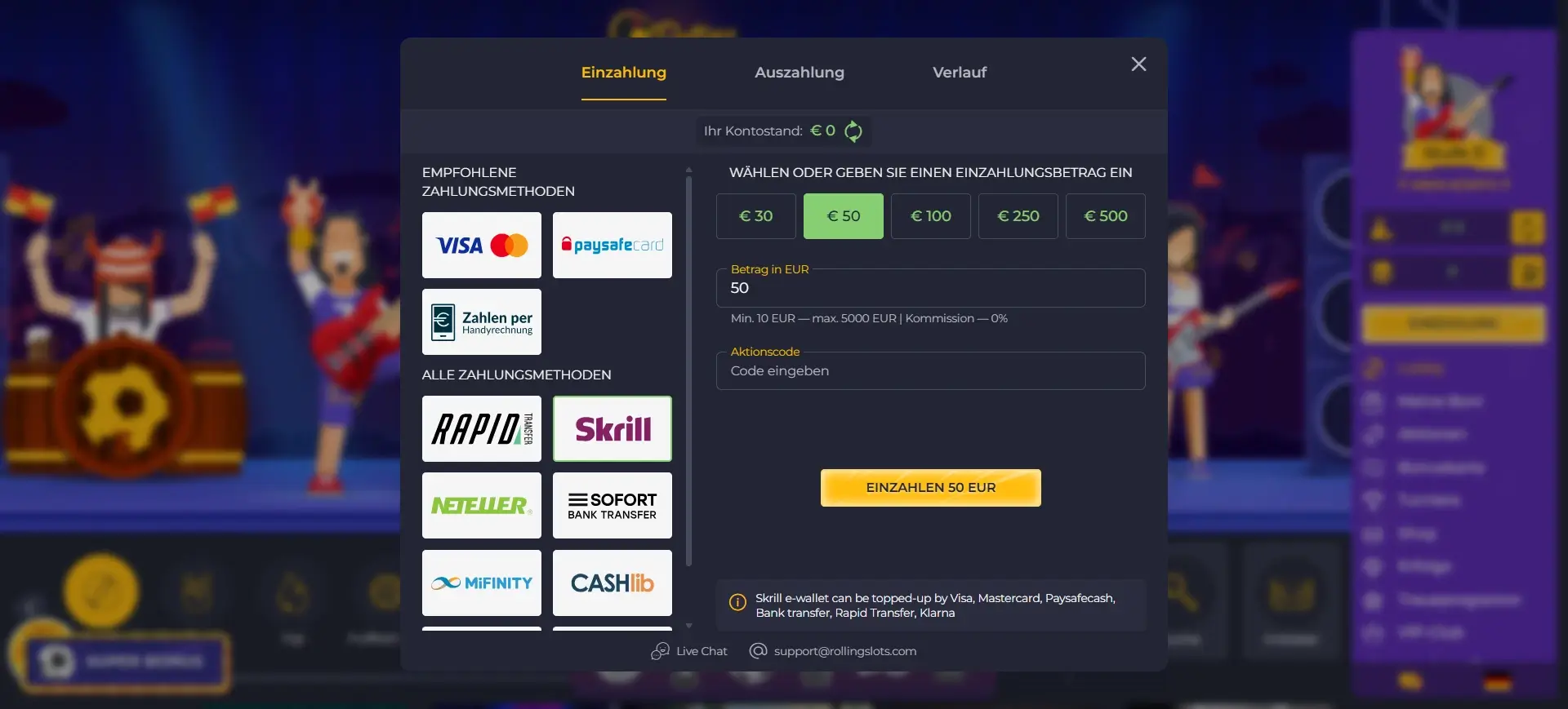 Rolling Slots Casino Skrill Einzahlung