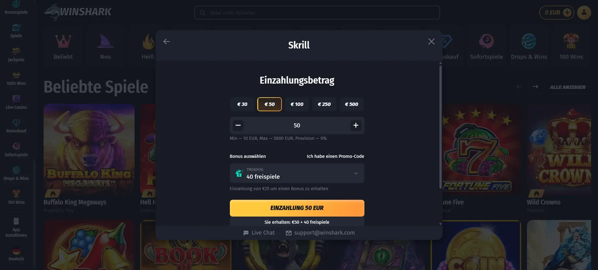 WinShark Casino Skrill Einzahlung