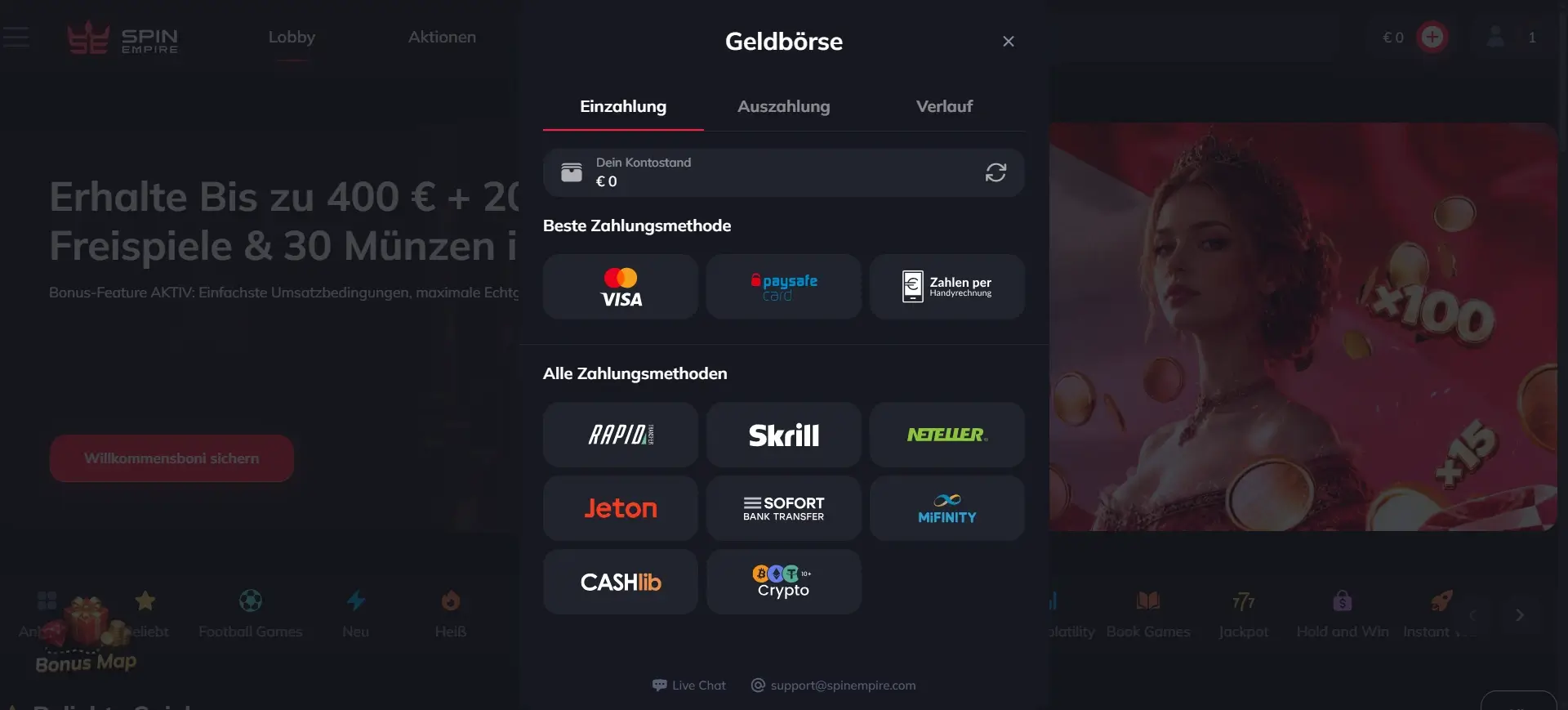 SpinEmpire Casino Einzahlung ab 10 Euro