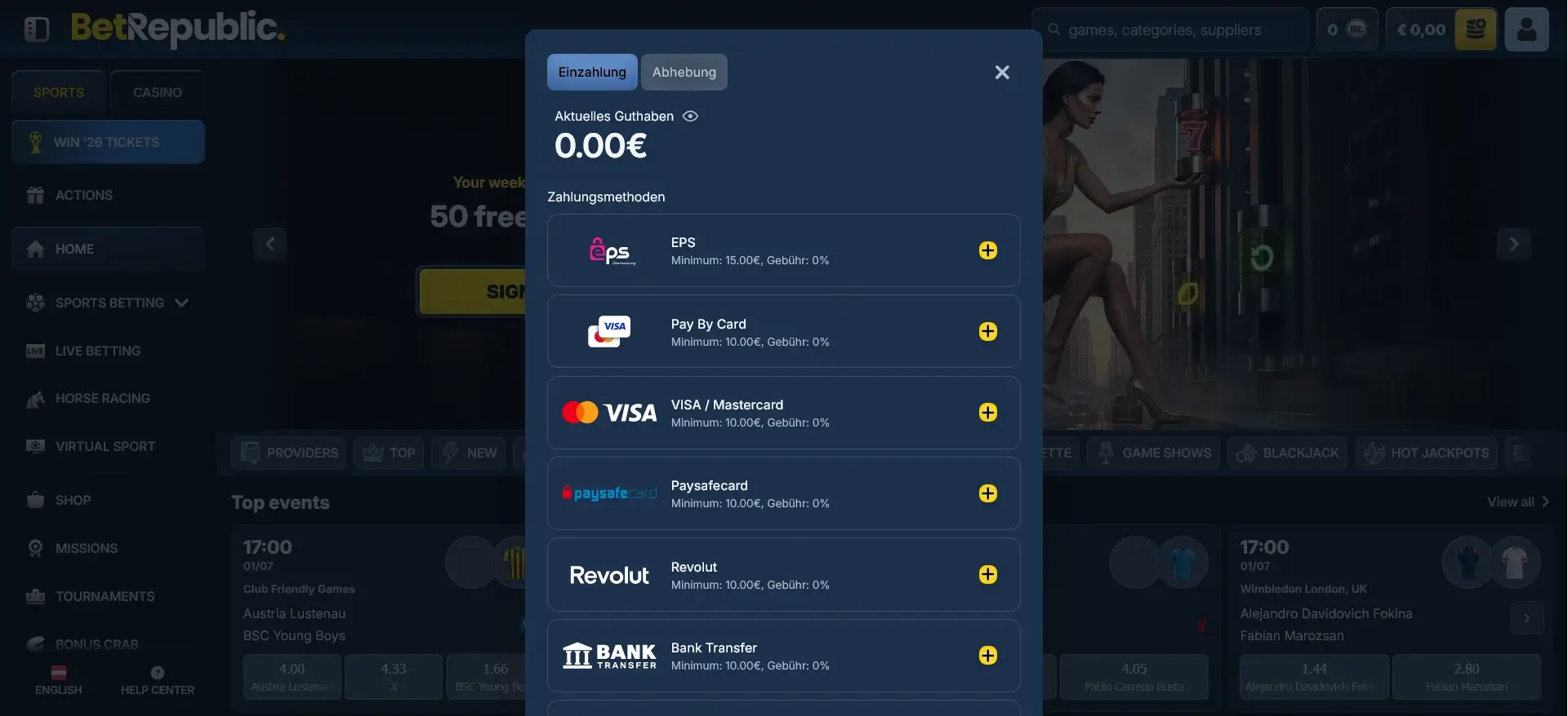 BetRepublic Casino Zahlungsmethoden mit Banküberweisung