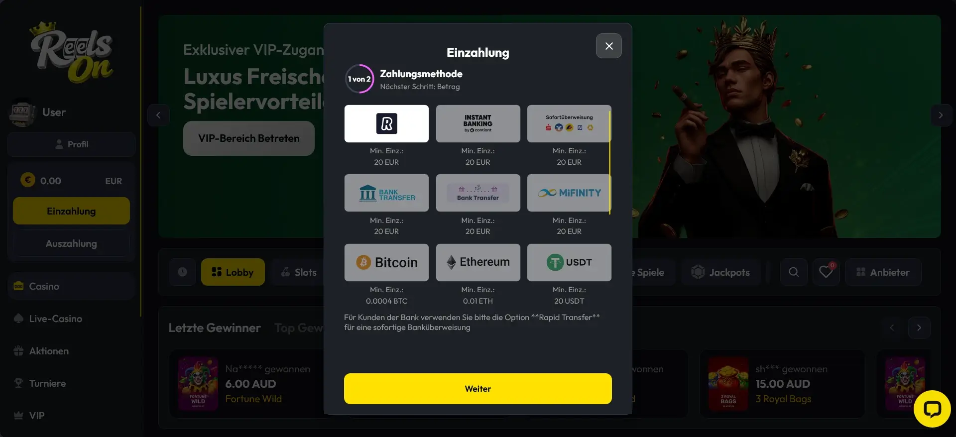 ReelsOn Casino Einzahlung per Banküberweisung