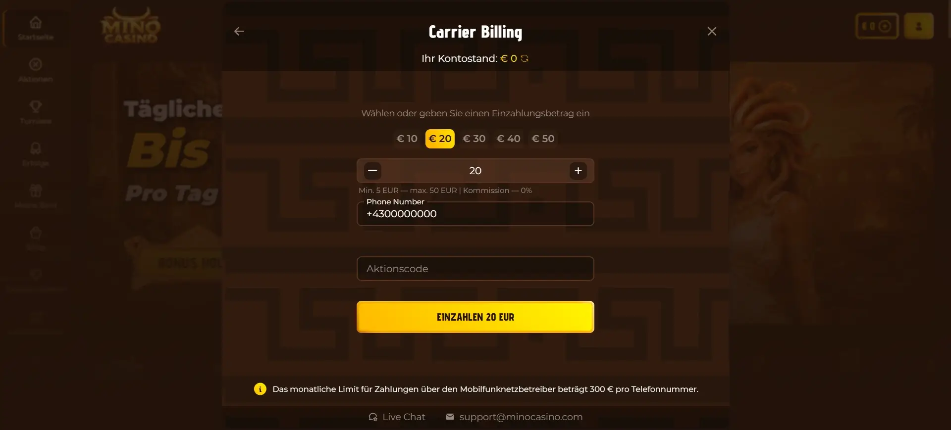 Mino Casino Einzahlung per Magenta