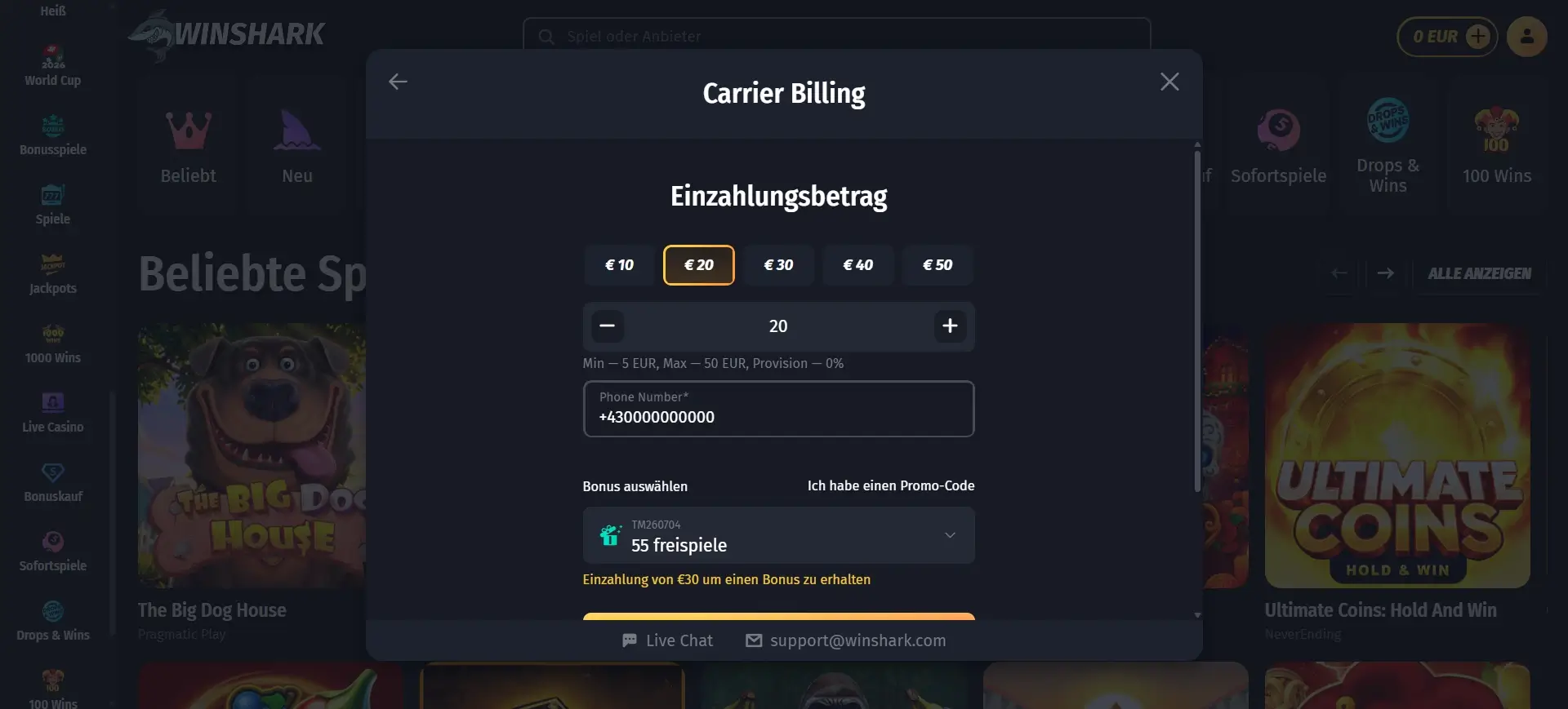 WinShark Casino bezahlen mit Magenta