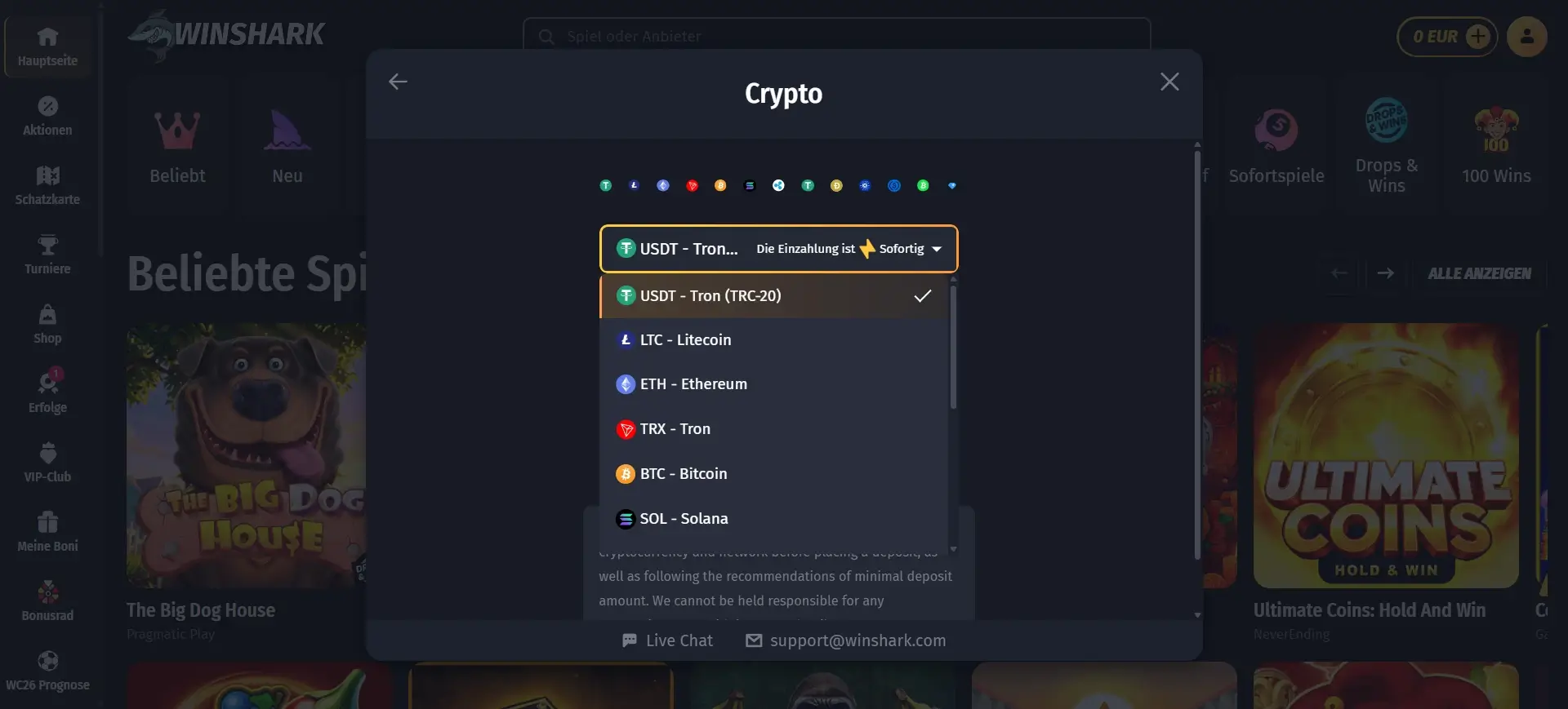 WinShark Krypto Casino Einzahlung per USDT und Bitcoin