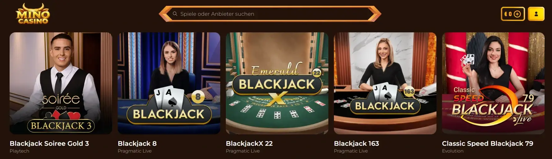 Mino Casino Live Blackjack Spielauswahl
